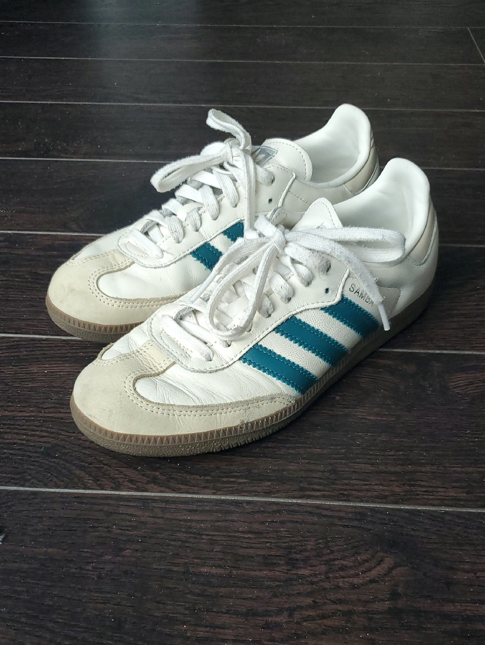 adidas White Sneakers with Teal Three-Stripes